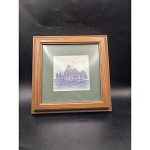 Framed Print Lake Michigan Historic Lighthouse Scene Wood Frame Signed Mary